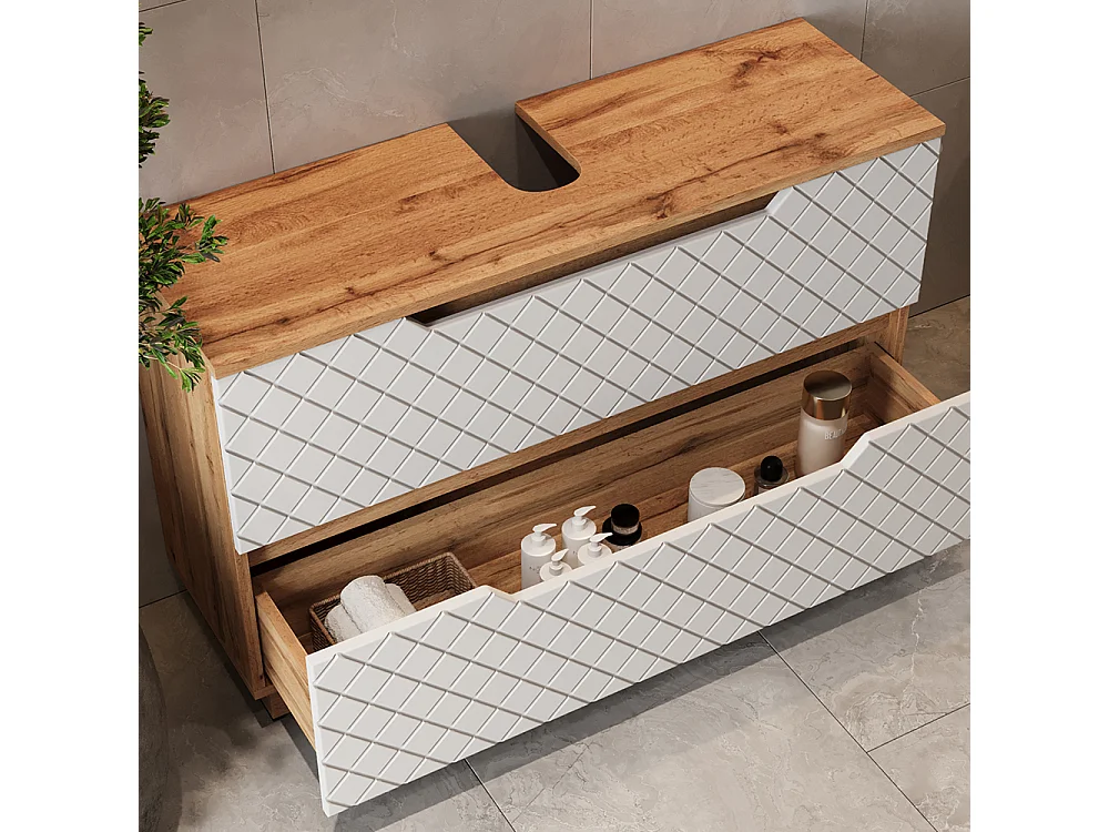 Meuble sous vasque simple chêne/blanc avec structure en carreaux 99.4x32x62.5 lotta