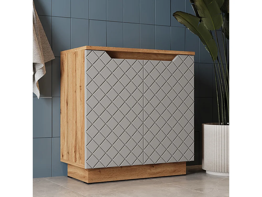 Meuble vasque simple chêne/gris avec structure en carreaux 59.8x32x62.1 lotta