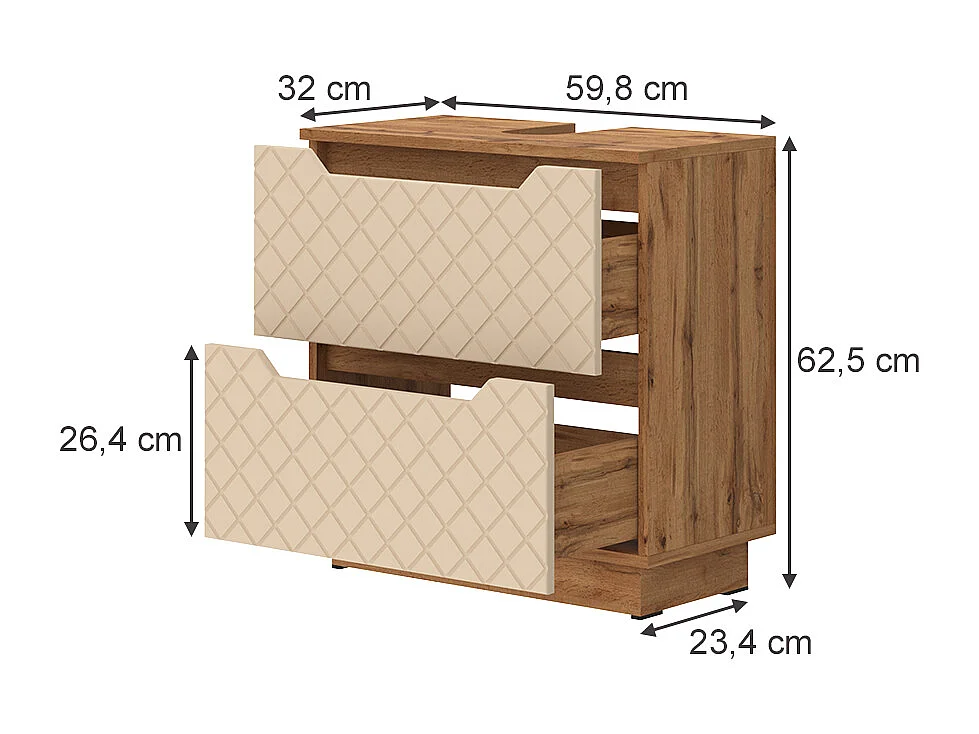Meuble sous vasque simple chêne/cachemire avec structure en carreaux 59.8x32x62.5 lotta