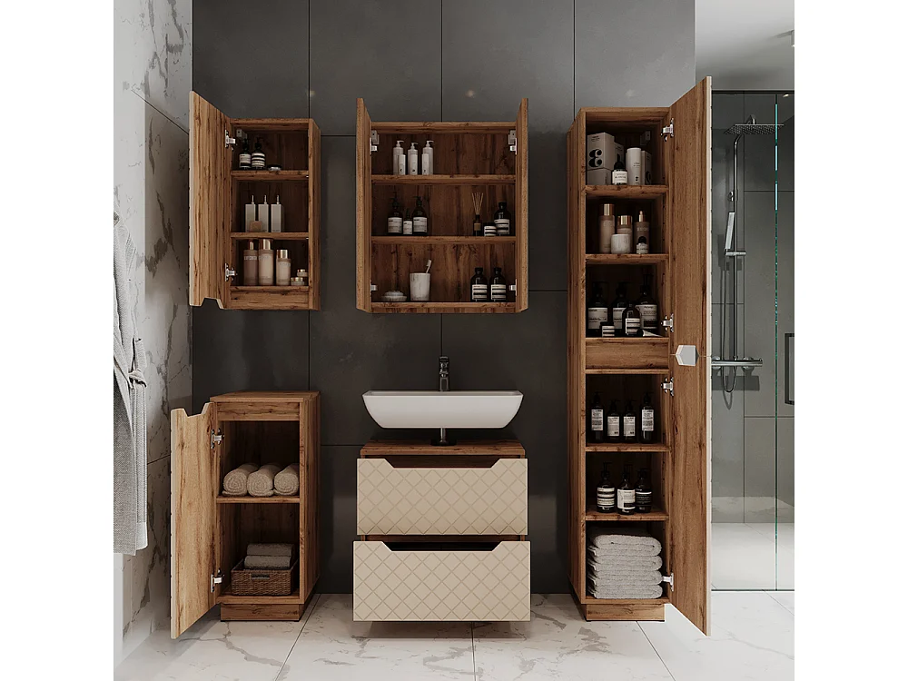 Meuble sous vasque simple chêne/cachemire avec structure en carreaux 59.8x32x62.5 lotta