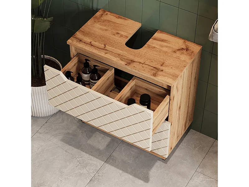 Meuble sous vasque simple chêne/cachemire avec structure en carreaux 59.8x32x62.5 lotta