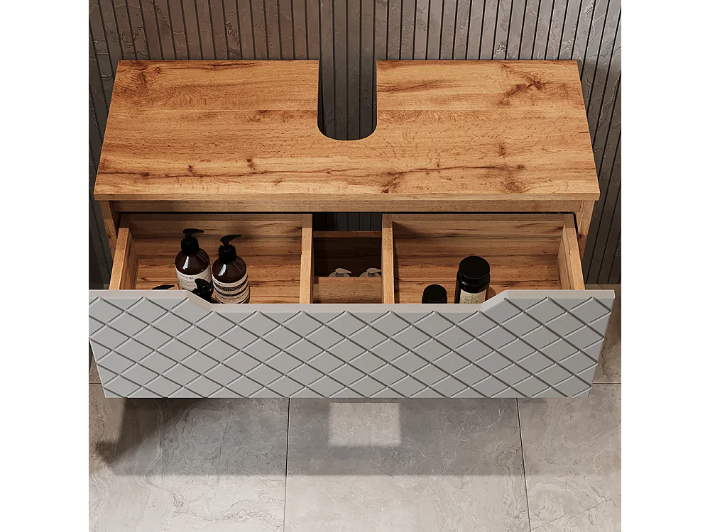 Meuble sous vasque simple chêne/gris avec structure en carreaux 79.6x32x62.5 lotta