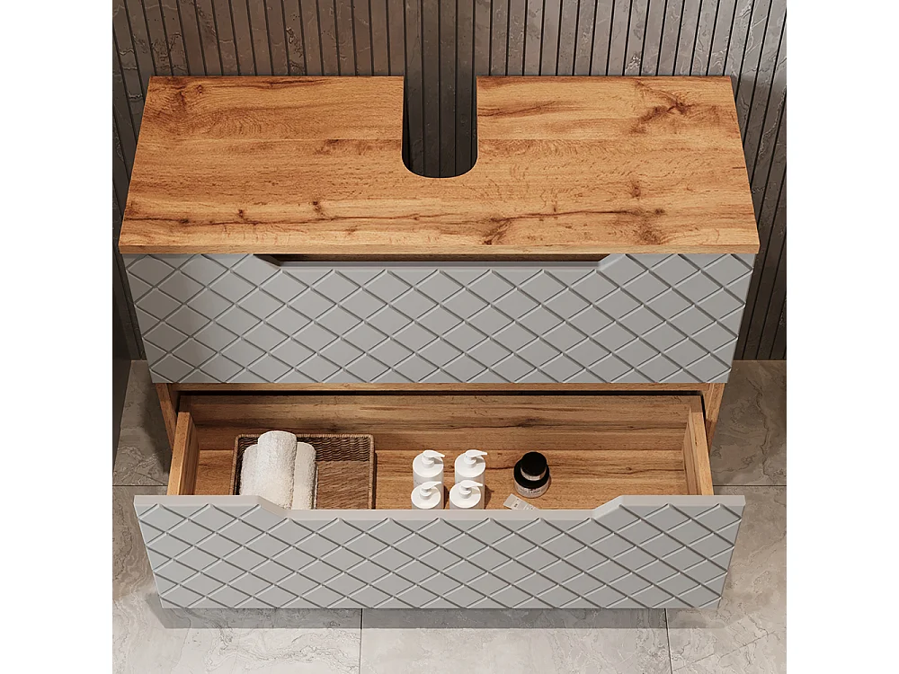 Meuble sous vasque simple chêne/gris avec structure en carreaux 79.6x32x62.5 lotta