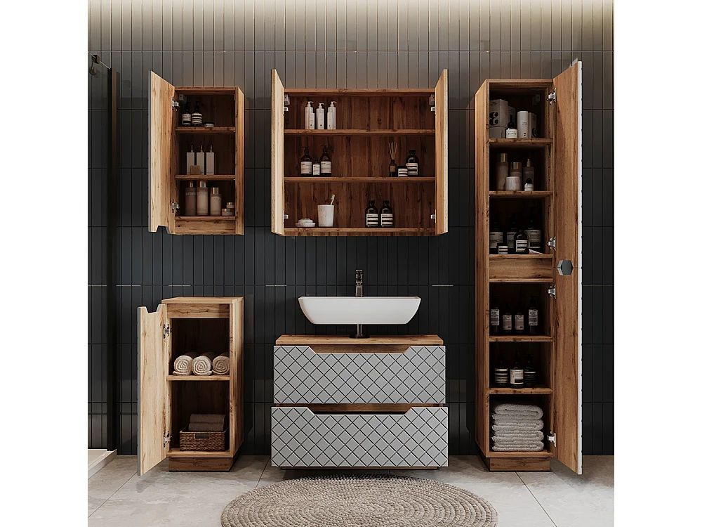 Meuble sous vasque simple chêne/gris avec structure en carreaux 79.6x32x62.5 lotta