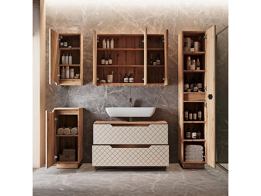 Meuble sous vasque simple chêne/cachemire avec structure en carreaux 99.4x32x62.5 lotta