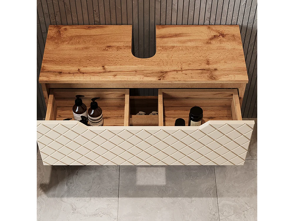 Meuble sous vasque simple chêne/cachemire avec structure en carreaux 79.6x32x62.5 lotta