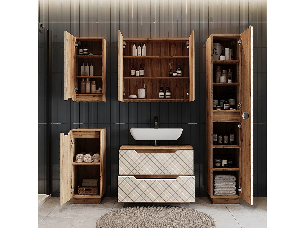 Meuble sous vasque simple chêne/cachemire avec structure en carreaux 79.6x32x62.5 lotta