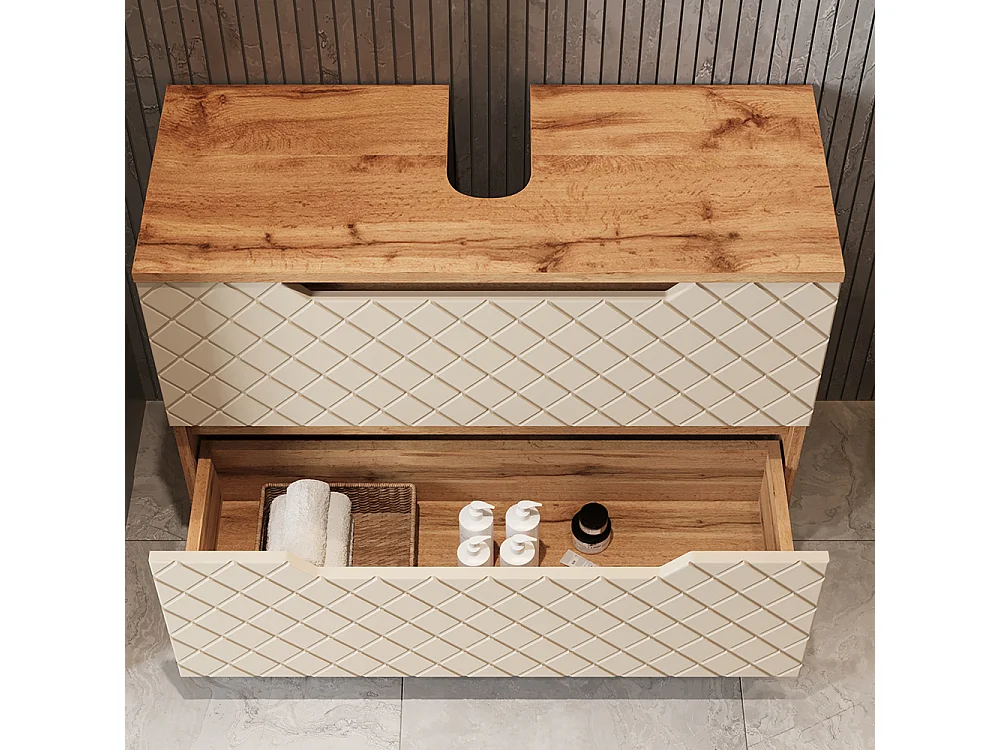 Meuble sous vasque simple chêne/cachemire avec structure en carreaux 79.6x32x62.5 lotta