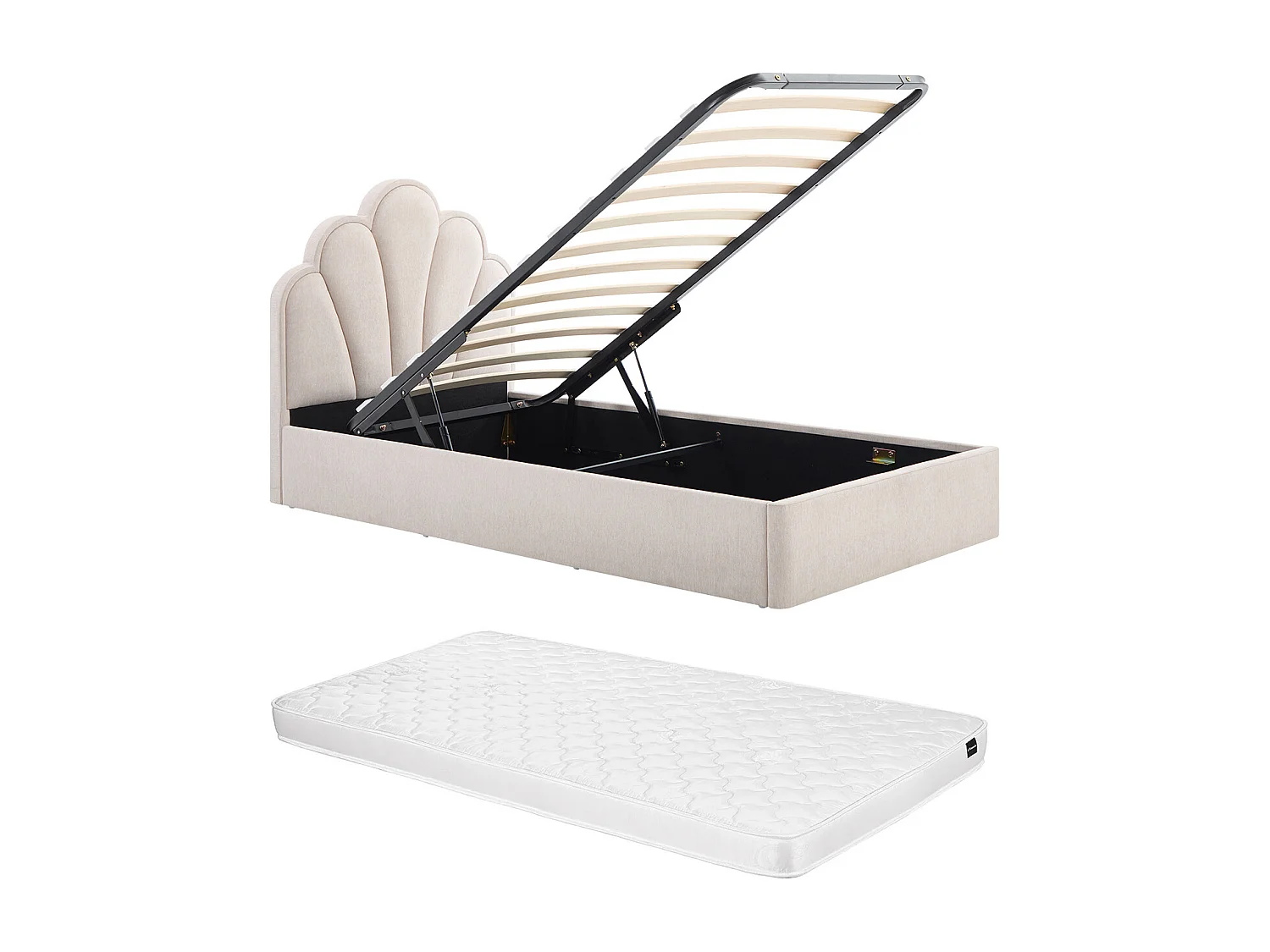 Lit coffre coquillage 90 x 190 cm – Tissu – Beige + Matelas - CORALUNO