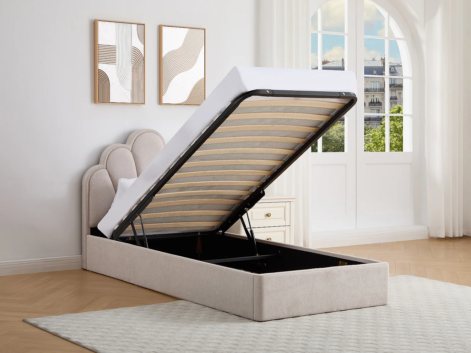 Lit coffre coquillage 90 x 190 cm – Tissu – Beige + Matelas - CORALUNO