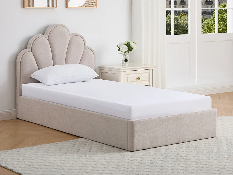 Lit coffre coquillage 90 x 190 cm – Tissu – Beige + Matelas - CORALUNO