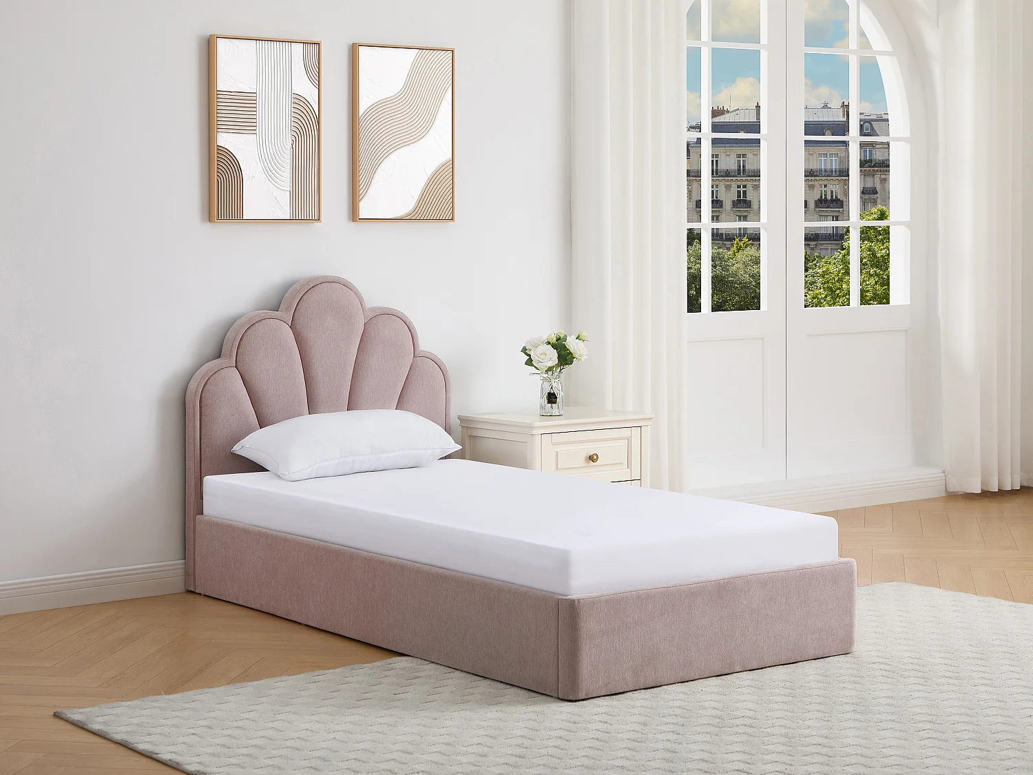 Lit coffre coquillage 90 x 190 cm – Tissu – Rose + Matelas - CORALUNO