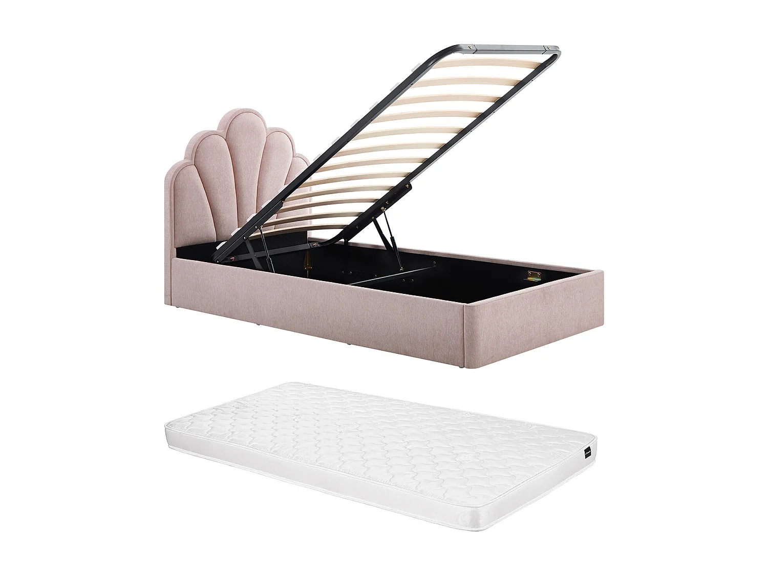Lit coffre coquillage 90 x 190 cm – Tissu – Rose + Matelas - CORALUNO