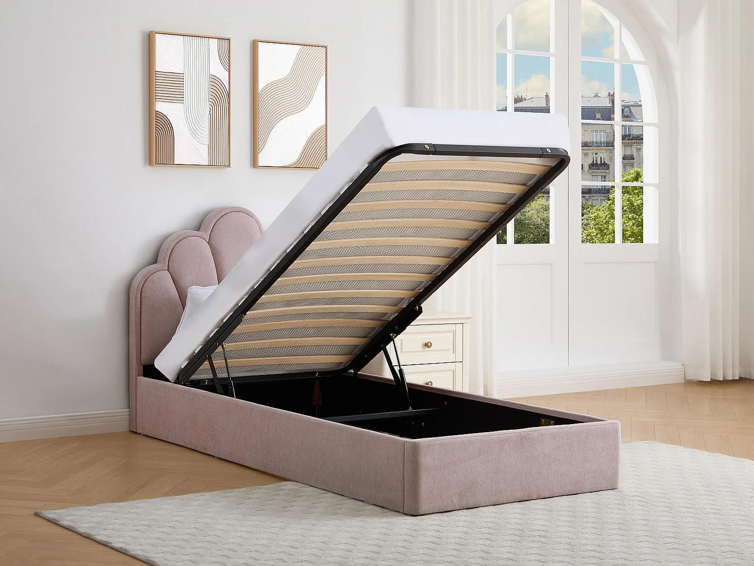 Lit coffre coquillage 90 x 190 cm – Tissu – Rose + Matelas - CORALUNO