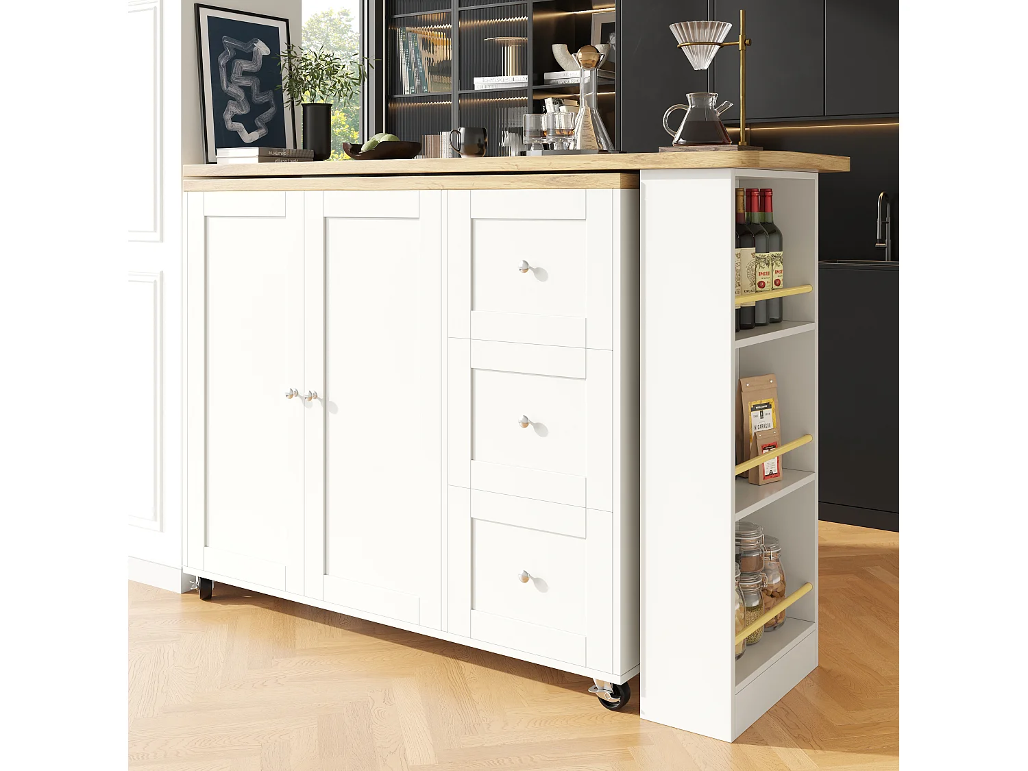 Table haute 360° 203x39x104 cm, sur roulettes, 3 tiroirs, snack bar, MDF blanc