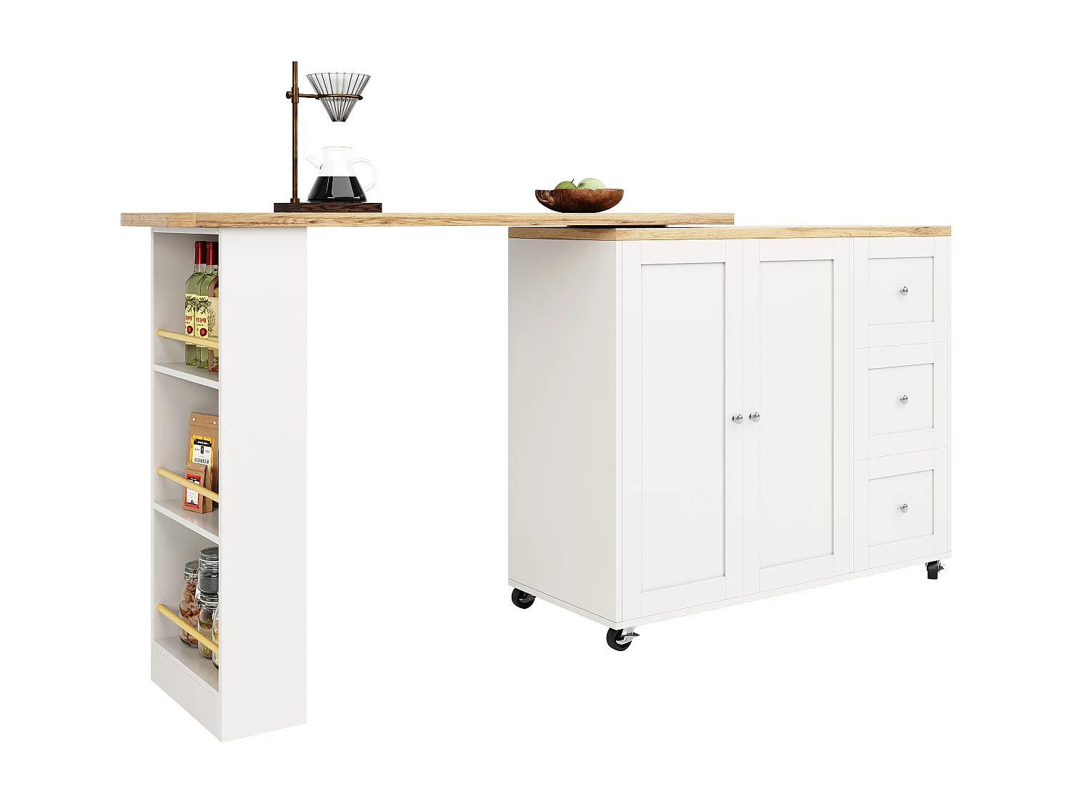Table haute 360° 203x39x104 cm, sur roulettes, 3 tiroirs, snack bar, MDF blanc