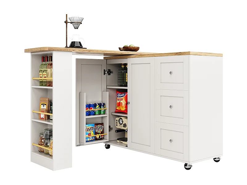 Table haute 360° 203x39x104 cm, sur roulettes, 3 tiroirs, snack bar, MDF blanc