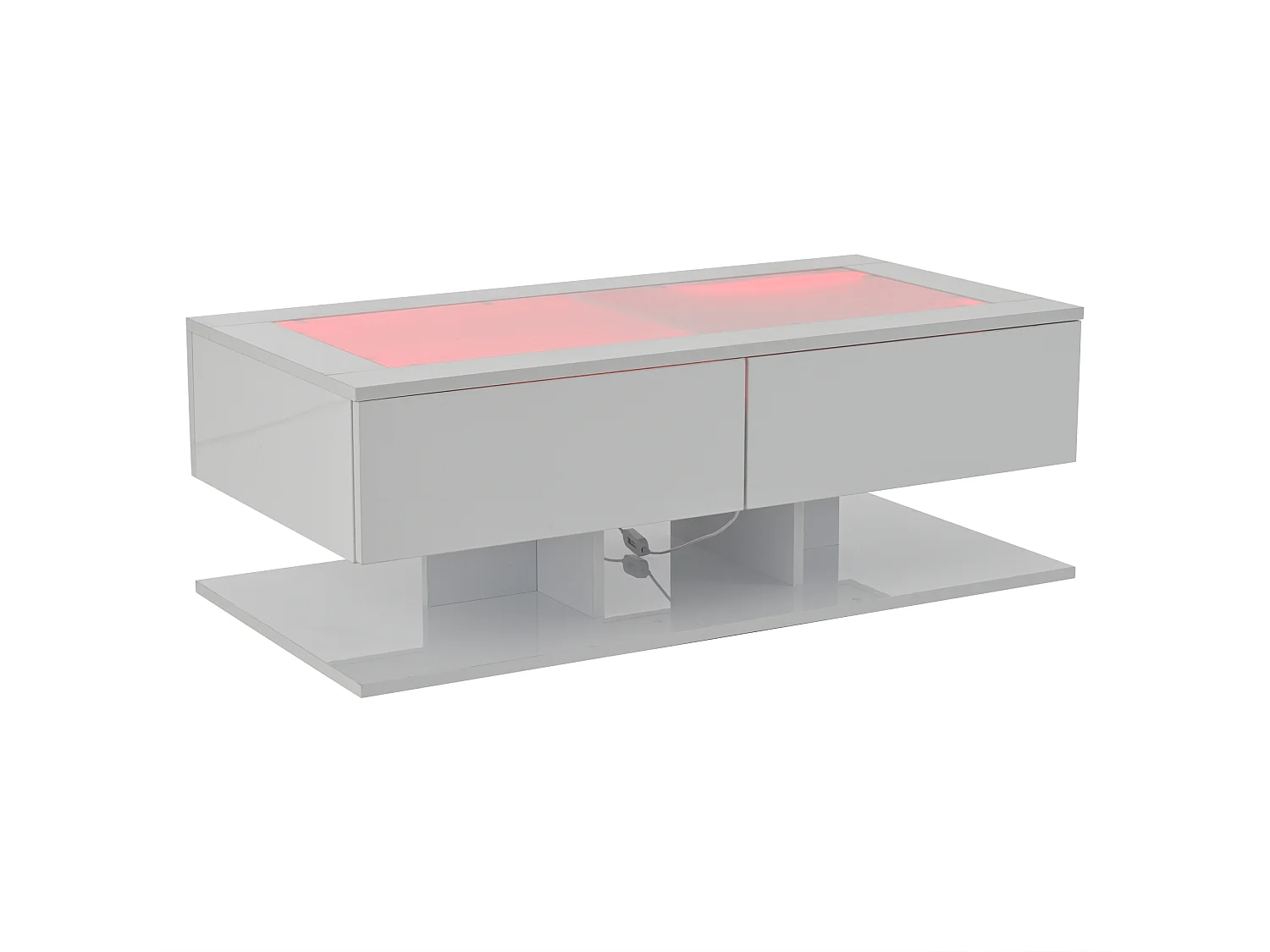 Table basse 100x50x35cm avec LED et tiroir plateau de table en verre en blanc pour salon