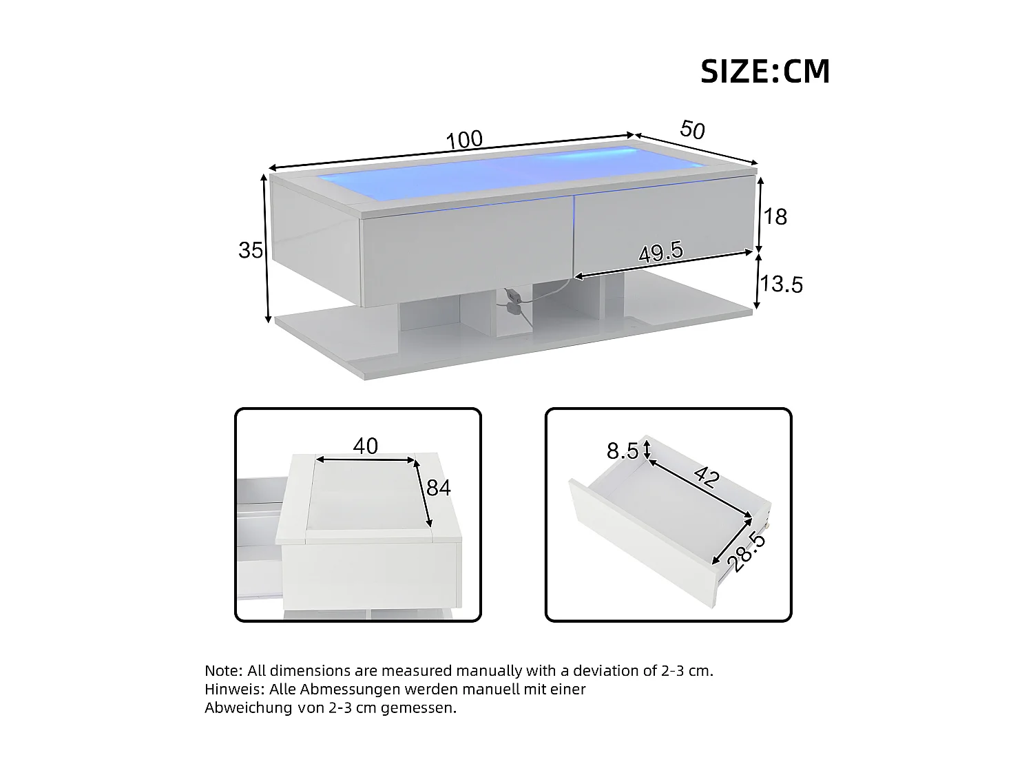 Table basse 100x50x35cm avec LED et tiroir plateau de table en verre en blanc pour salon