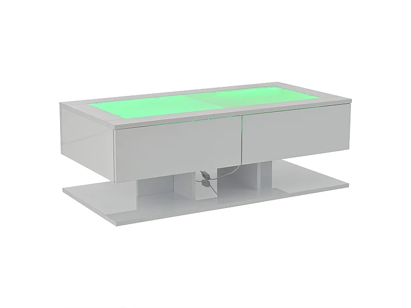 Table basse 100x50x35 cm, éclairage LED, 2 tiroirs, plateau en verre trempé, panneau de particules, blanc brillant