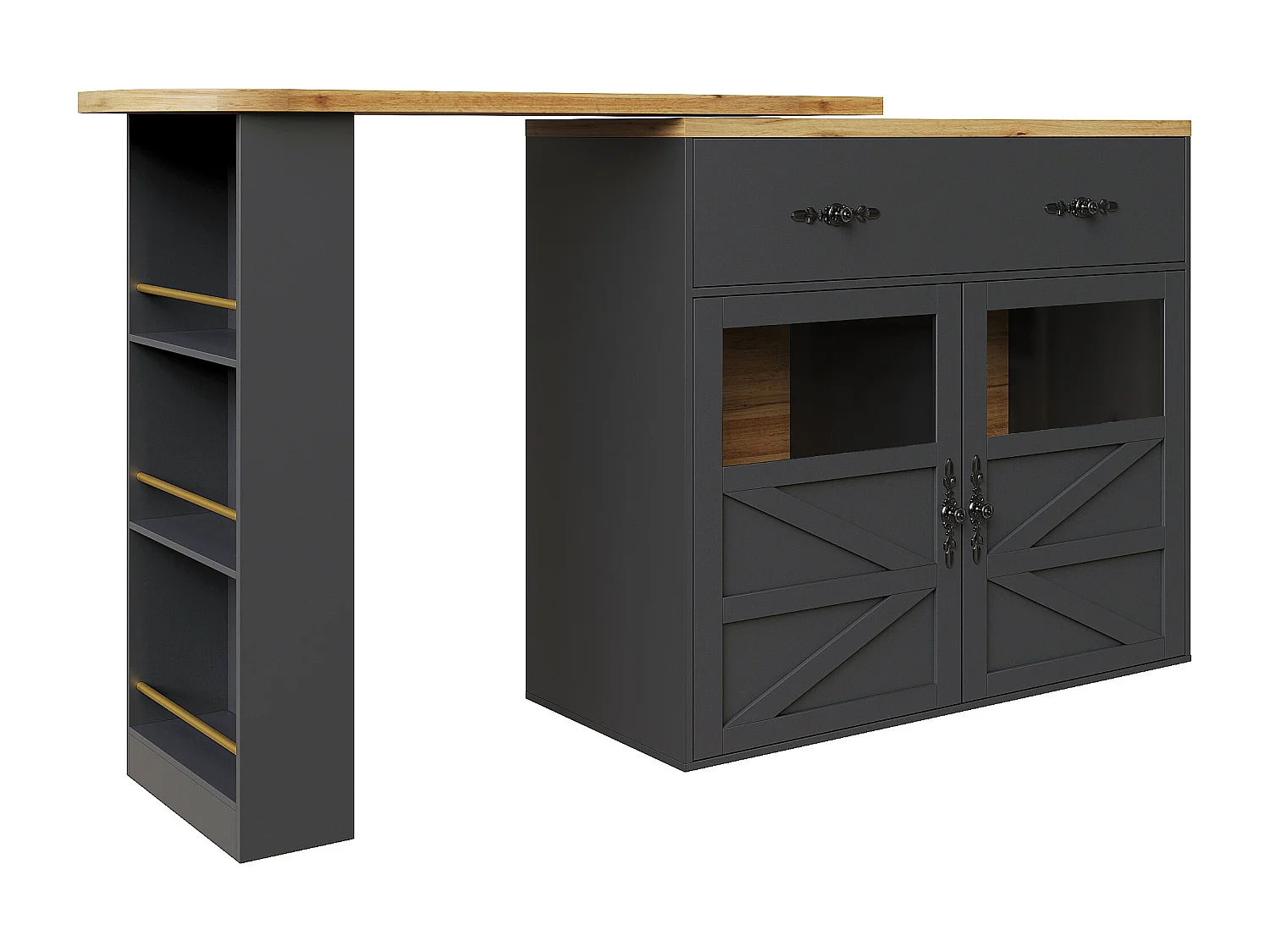 Tavolo da bar girevole in legno a 2 ante e 1 cassetto con piano estensibile - (138-204)x39x104 cm - nero