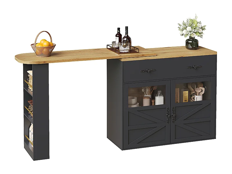 Table de bar extensible 138x39x104 cm, rotation 360°, rangements intégrés, MDF noir