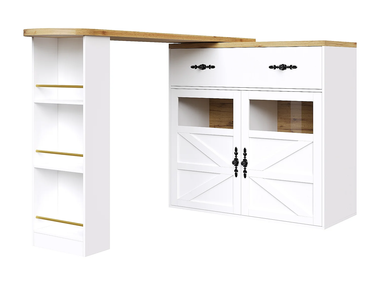 Tavolo da bar girevole in legno a 2 ante e 1 cassetto con piano allungabile - (138-204)x39x104 cm - bianco