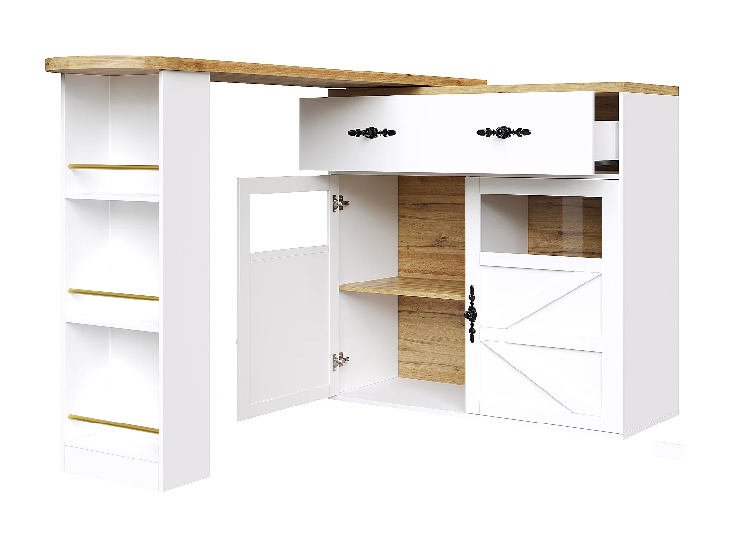 Tavolo da bar girevole in legno a 2 ante e 1 cassetto con piano allungabile - (138-204)x39x104 cm - bianco