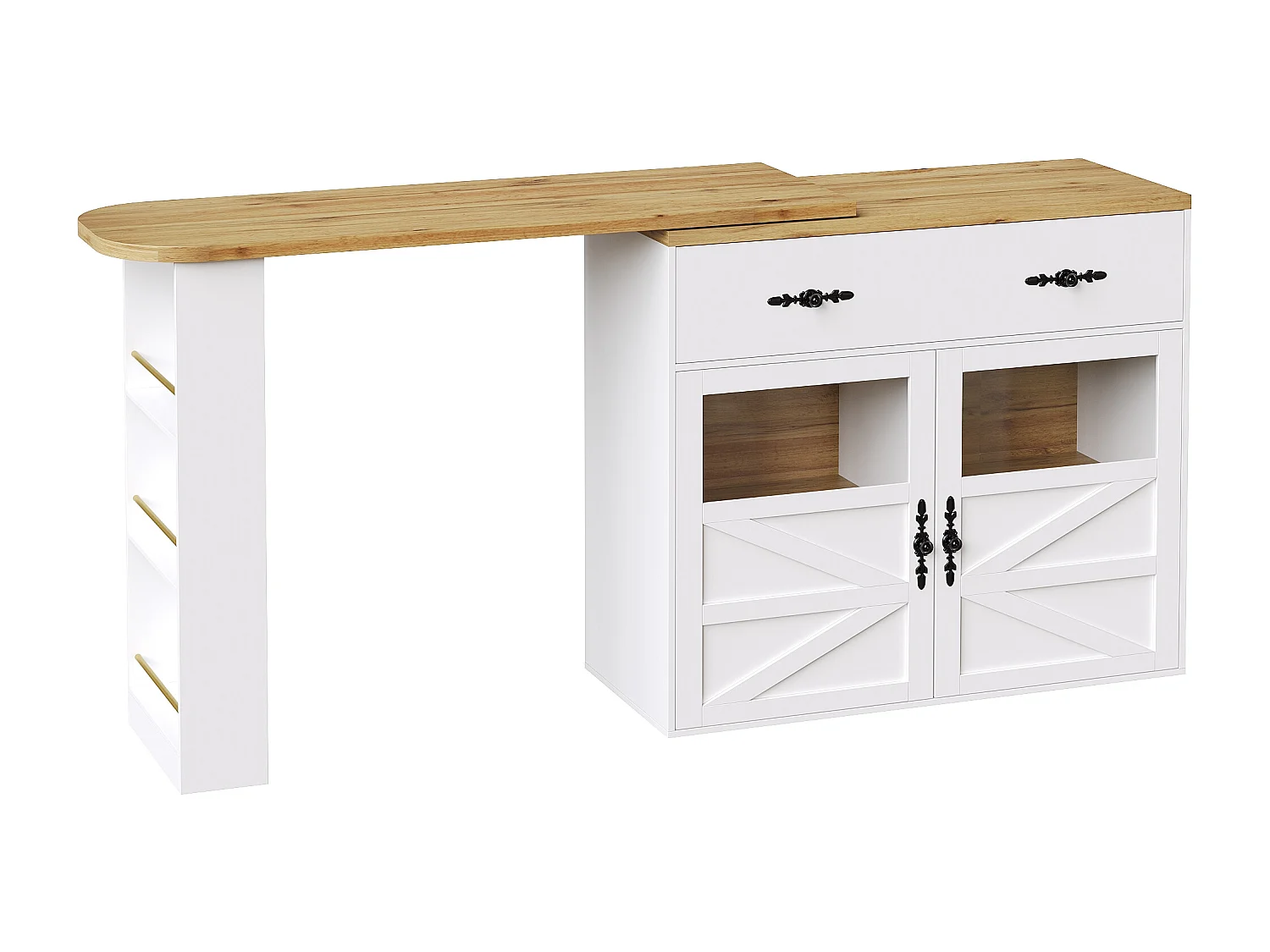 Tavolo da bar girevole in legno a 2 ante e 1 cassetto con piano allungabile - (138-204)x39x104 cm - bianco
