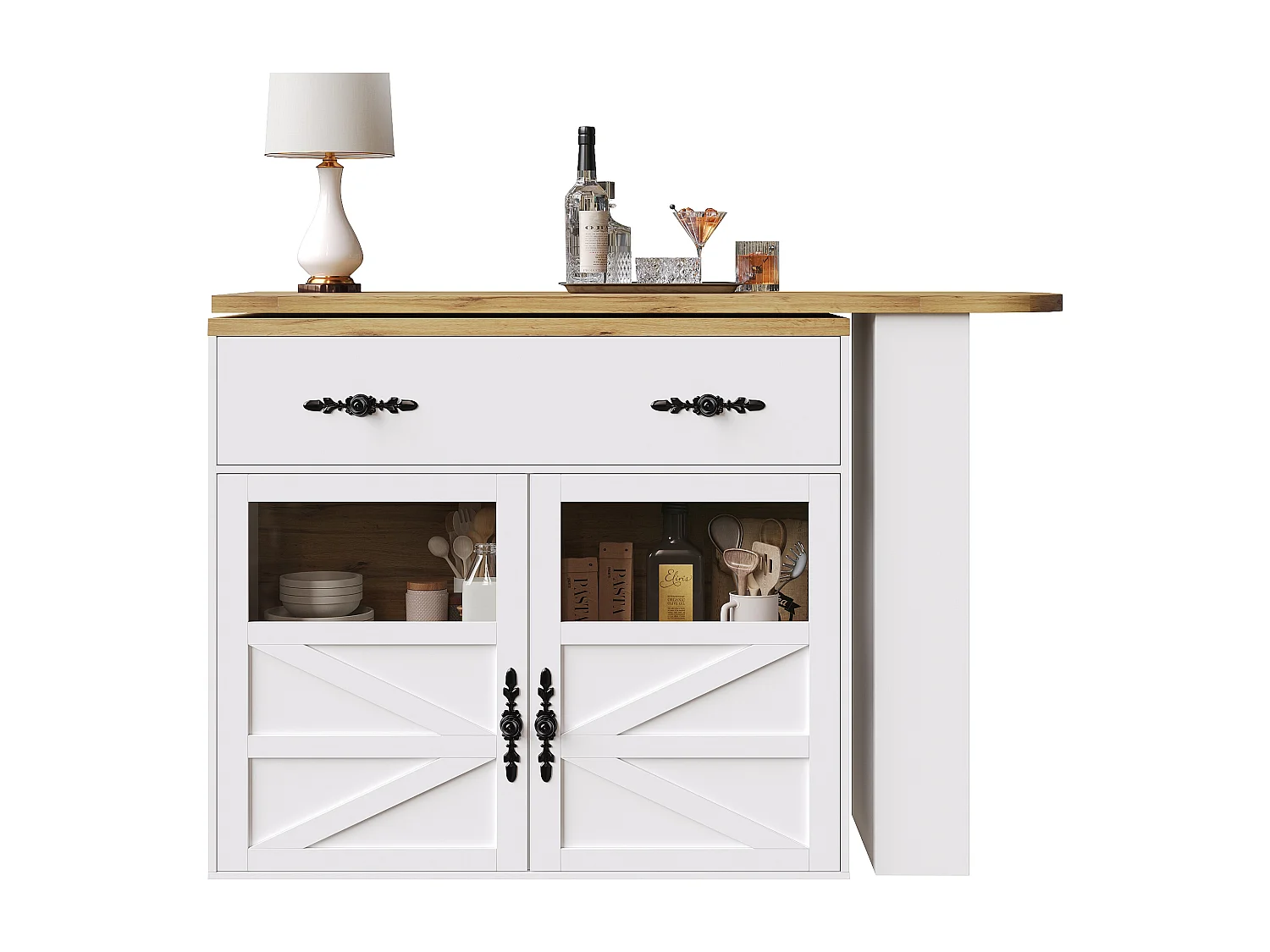 Tavolo da bar girevole in legno a 2 ante e 1 cassetto con piano allungabile - (138-204)x39x104 cm - bianco