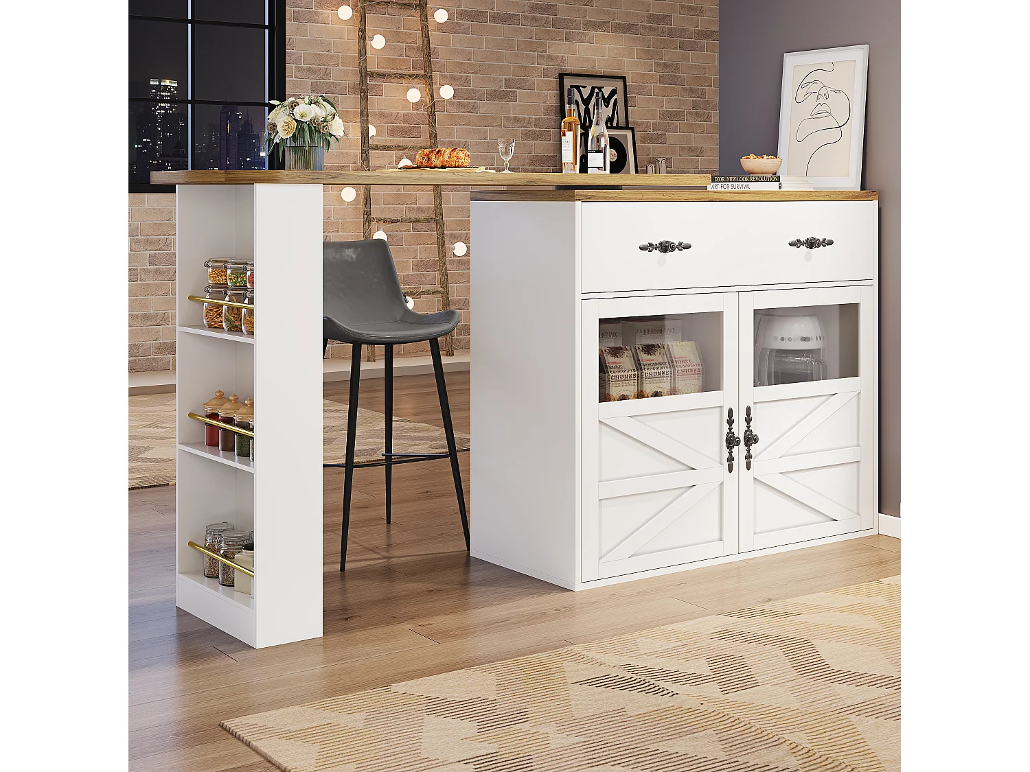 Table de bar extensible 138x39x104 cm, rotation 360°, rangements intégrés, étagères réglables, MDF blanc