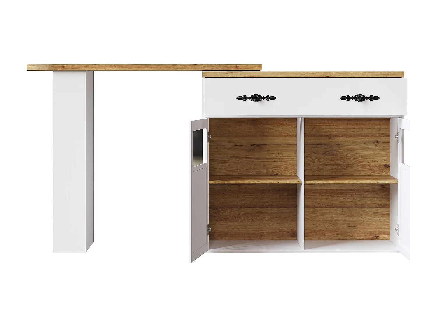 Table de bar extensible 138x39x104 cm, rotation 360°, rangements intégrés, étagères réglables, MDF blanc