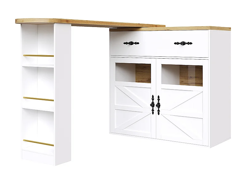 Table de bar extensible 138x39x104 cm, rotation 360°, rangements intégrés, étagères réglables, MDF blanc