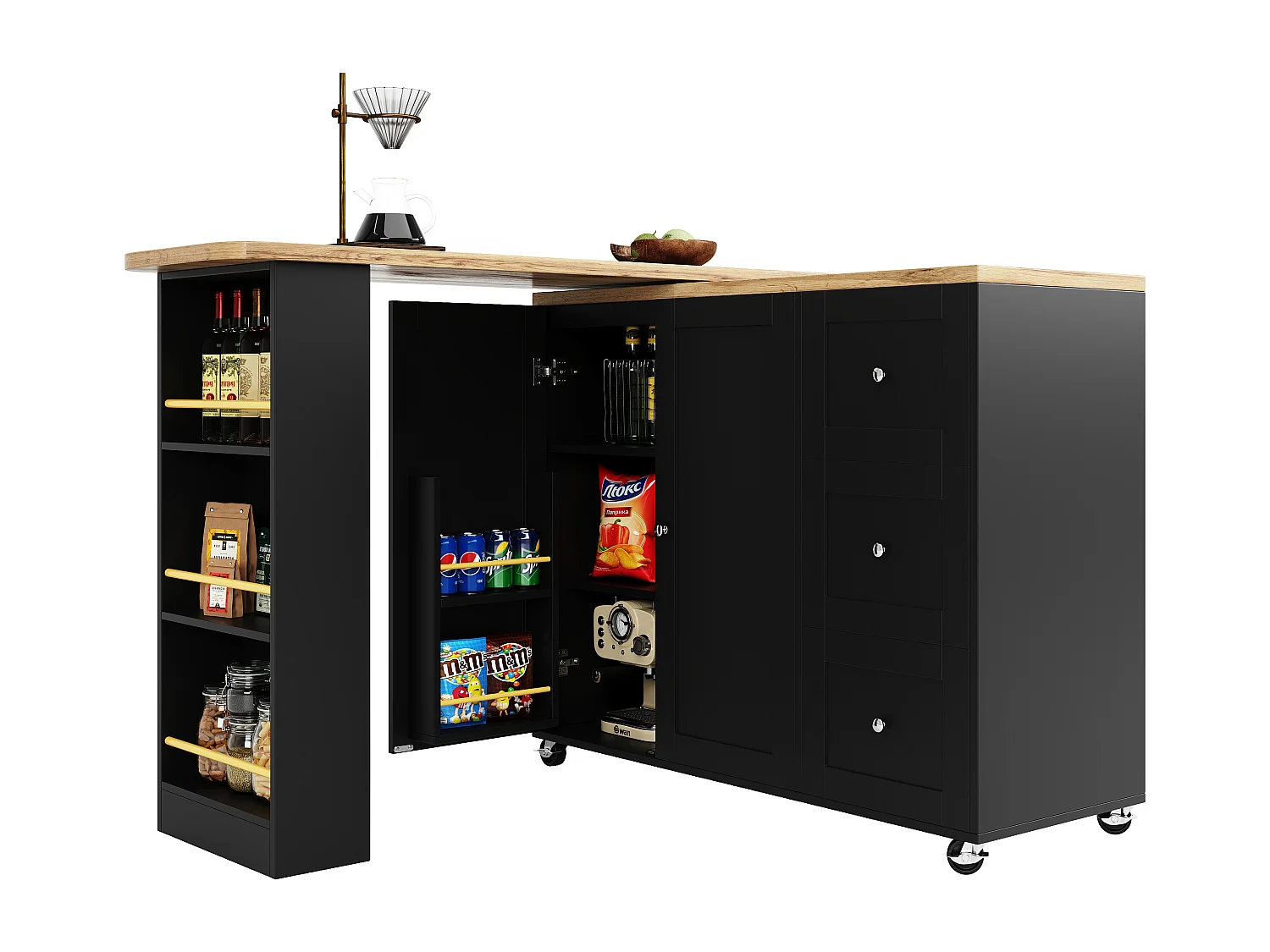 Tavolo girevole mobile da bar 2 ante e 3 cassetti Isola da cucina con piano estensibile (135-203)x39x106 cm - nero