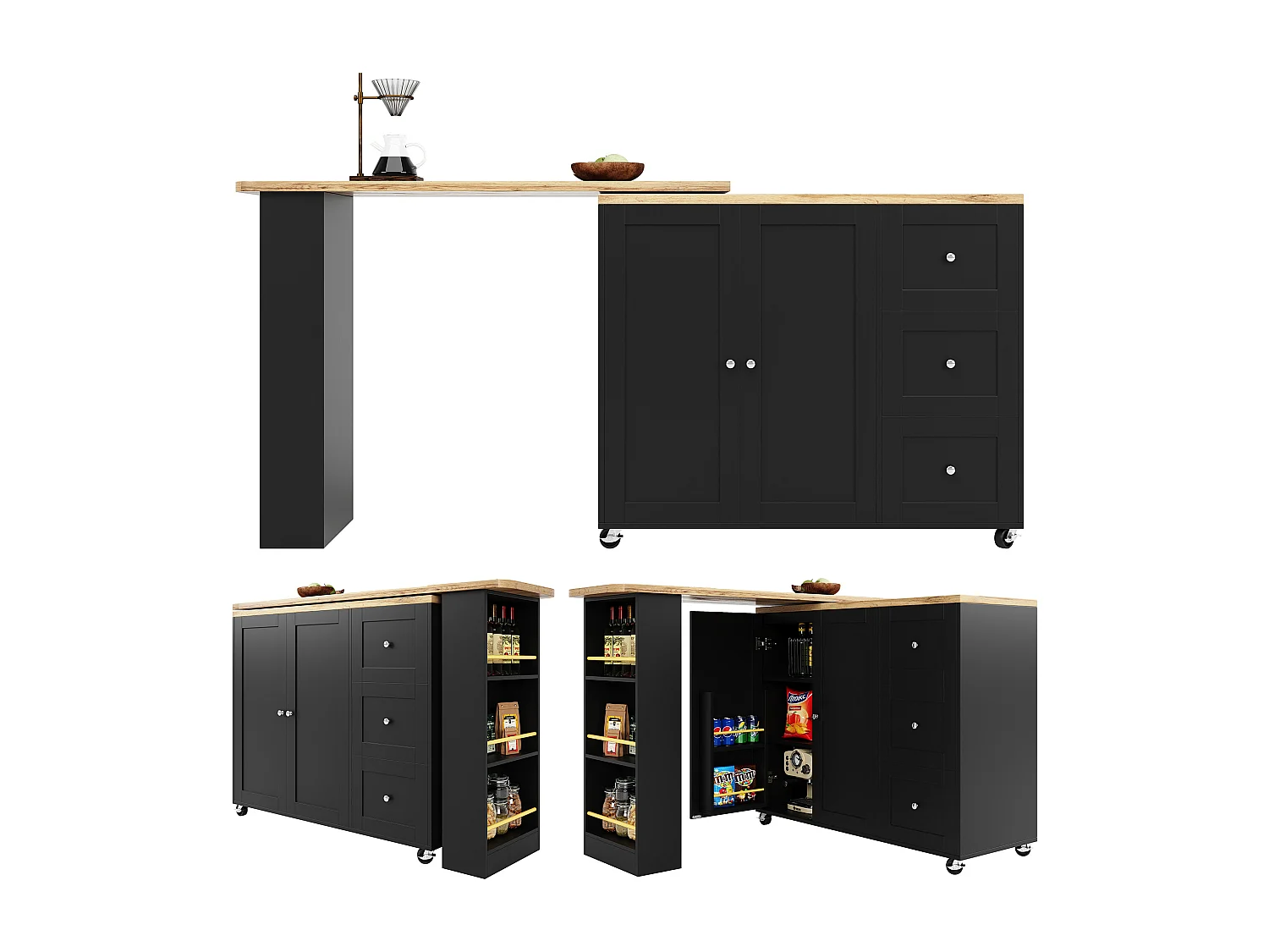 Tavolo girevole mobile da bar 2 ante e 3 cassetti Isola da cucina con piano estensibile (135-203)x39x106 cm - nero