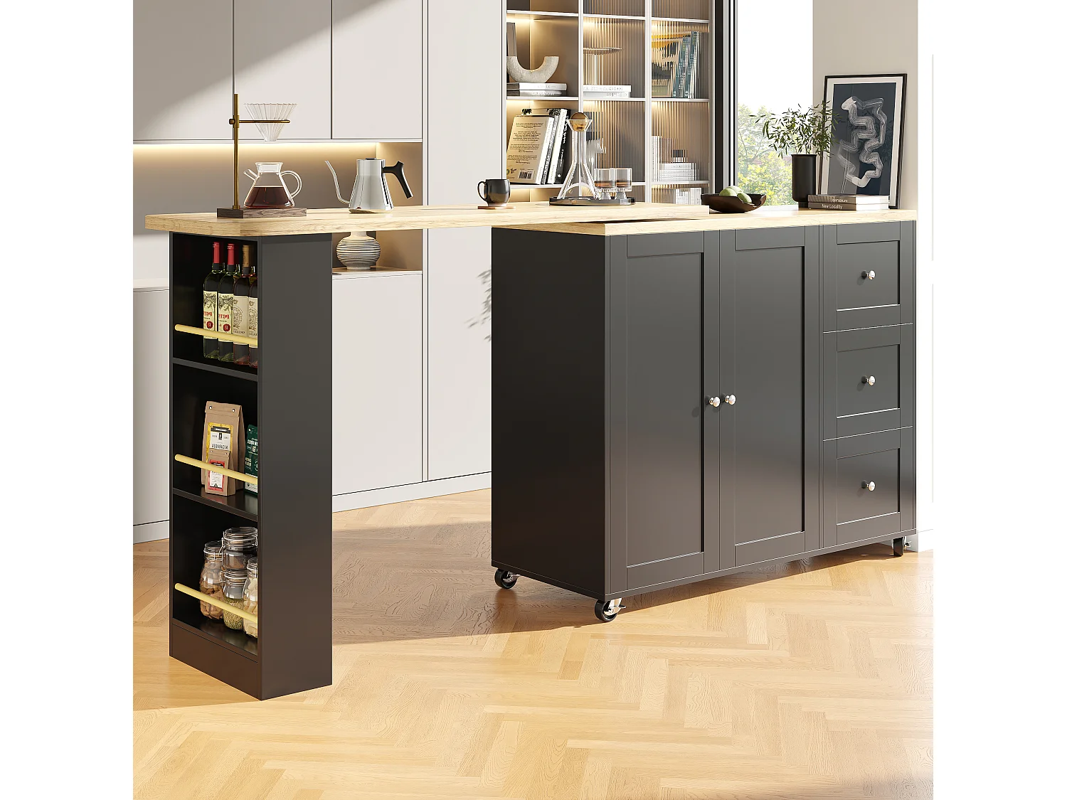 Îlot de cuisine 135x39x106 cm, pivotant 360°, sur roulettes, avec 3 tiroirs et range snacks, MDF noir