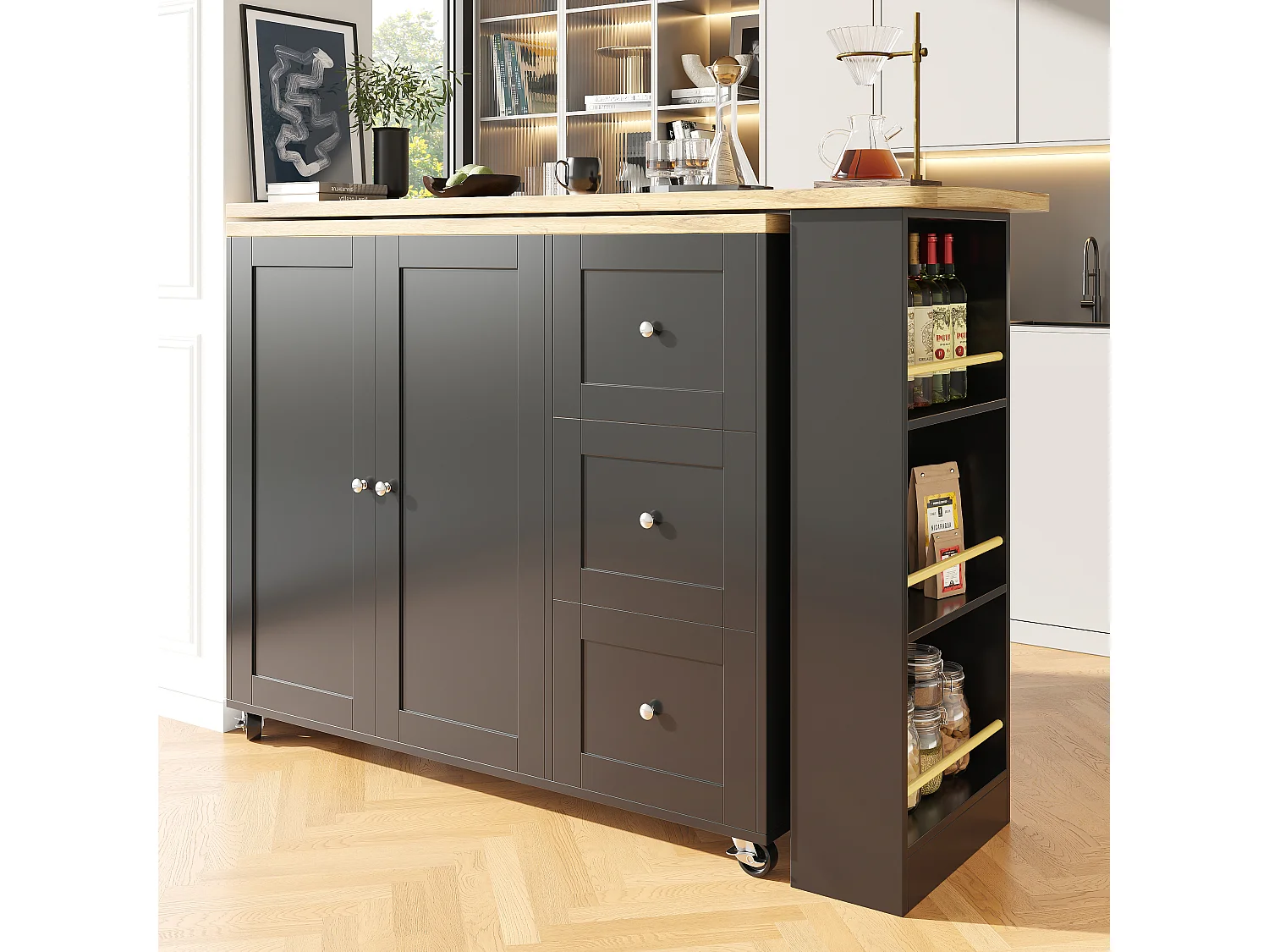 Îlot de cuisine 135x39x106 cm, pivotant 360°, sur roulettes, avec 3 tiroirs et range snacks, MDF noir