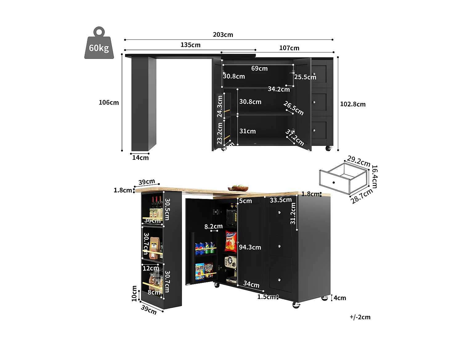 Îlot de cuisine 135x39x106 cm, pivotant 360°, sur roulettes, avec 3 tiroirs et range snacks, MDF noir