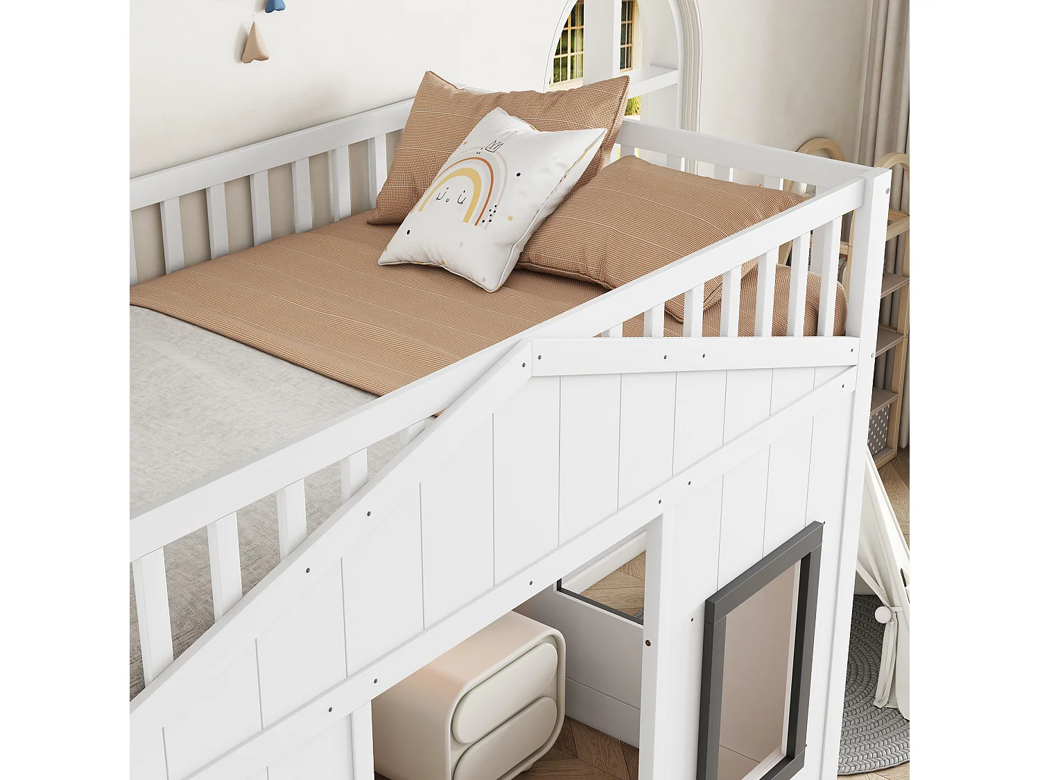 Lit superposé 90x200cm pour enfant Style moderne Rangement intégré Bois et MDF Chambre junior Blanc (Sans matelas)