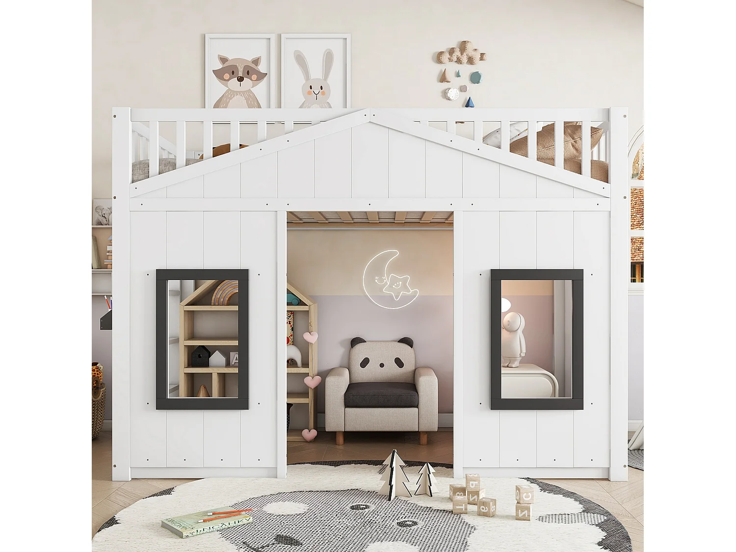 Lit superposé 90x200cm pour enfant Style moderne Rangement intégré Bois et MDF Chambre junior Blanc (Sans matelas)