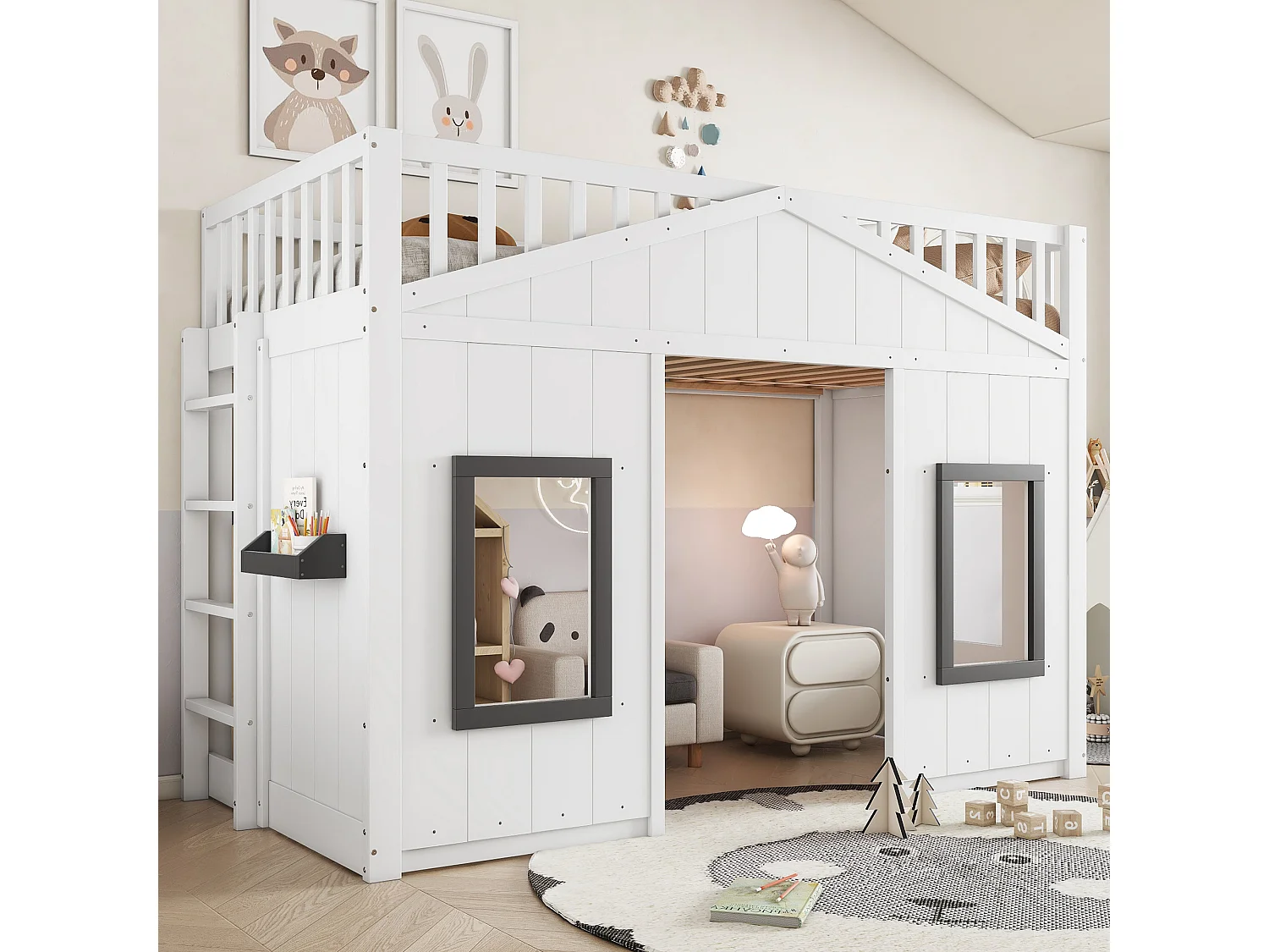 Letto per bambini 90x200 cm con scala, protezioni e finestre, con mensola, legno e MDF bianco (Senza materasso)