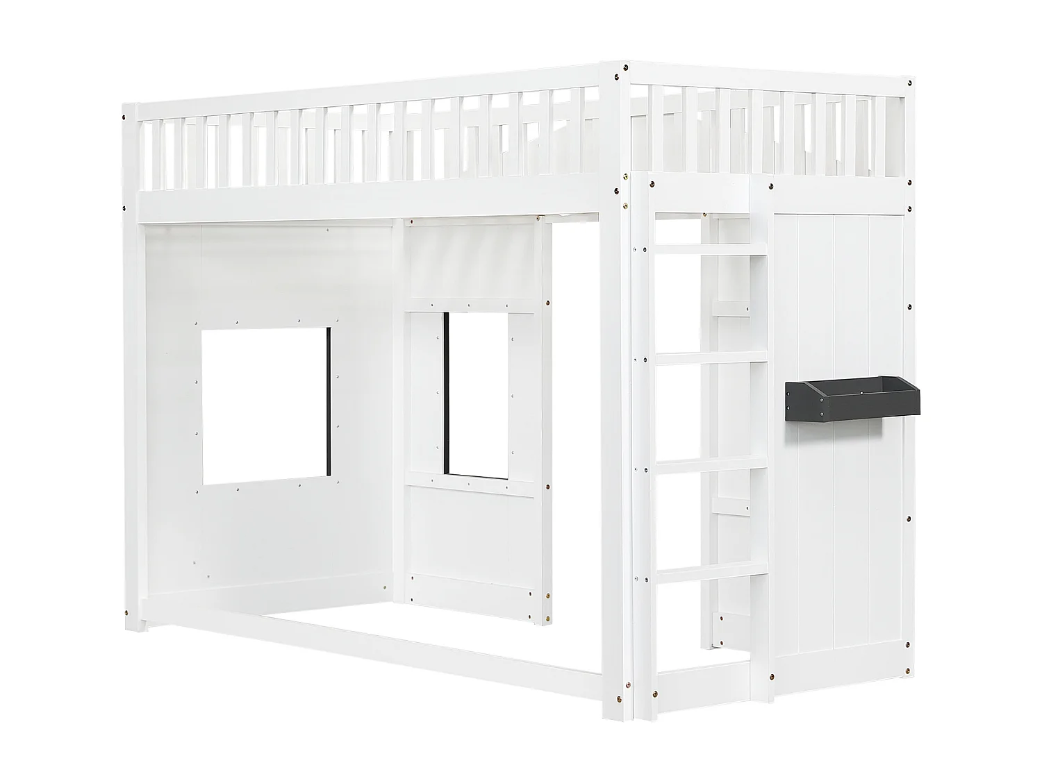 Letto per bambini 90x200 cm con scala, protezioni e finestre, con mensola, legno e MDF bianco (Senza materasso)