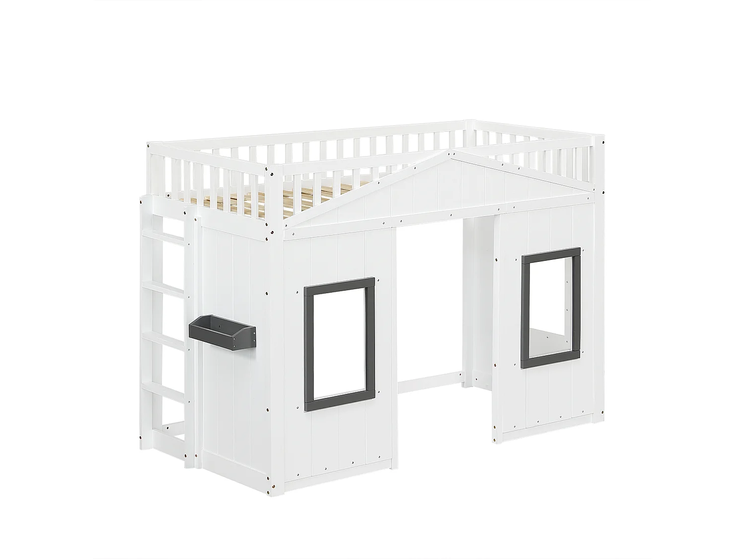 Letto per bambini 90x200 cm con scala, protezioni e finestre, con mensola, legno e MDF bianco (Senza materasso)