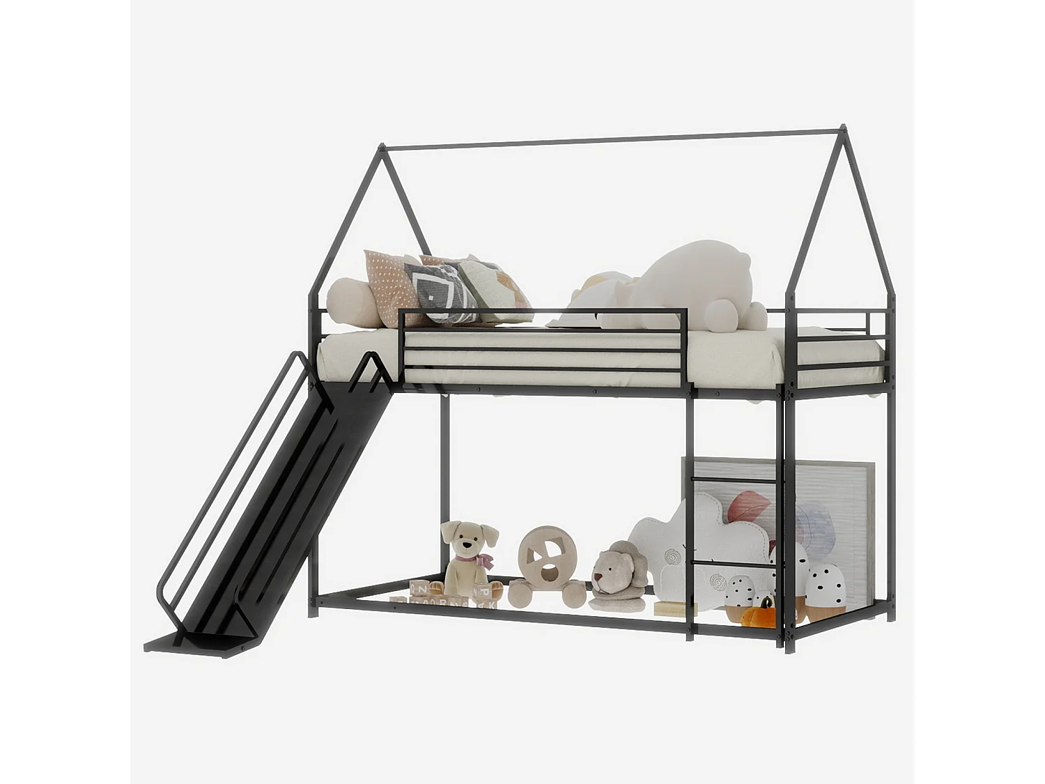 Lit mezzanine 140x190cm métal élégant structure solide montage facile idéal pour deux enfants noir (Sans matelas)