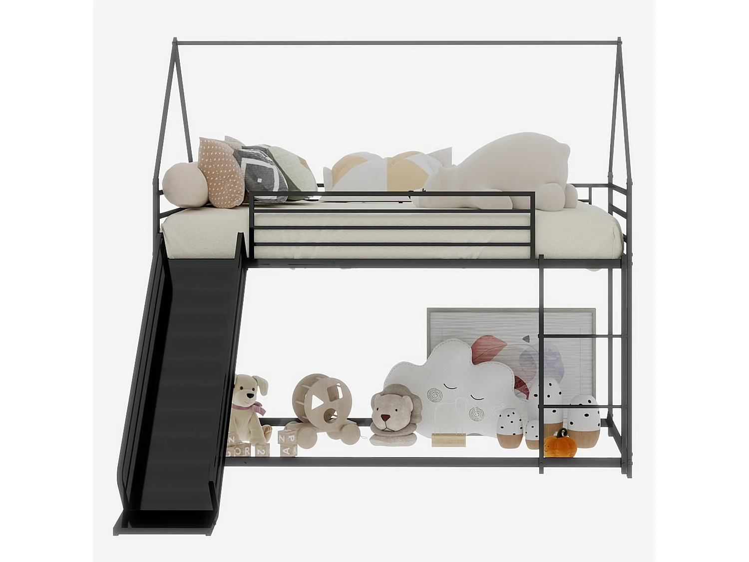 Lit mezzanine 140x190cm métal élégant structure solide montage facile idéal pour deux enfants noir (Sans matelas)