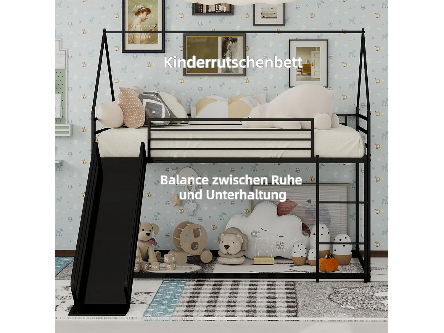 Lit mezzanine 140x190cm métal élégant structure solide montage facile idéal pour deux enfants noir (Sans matelas)