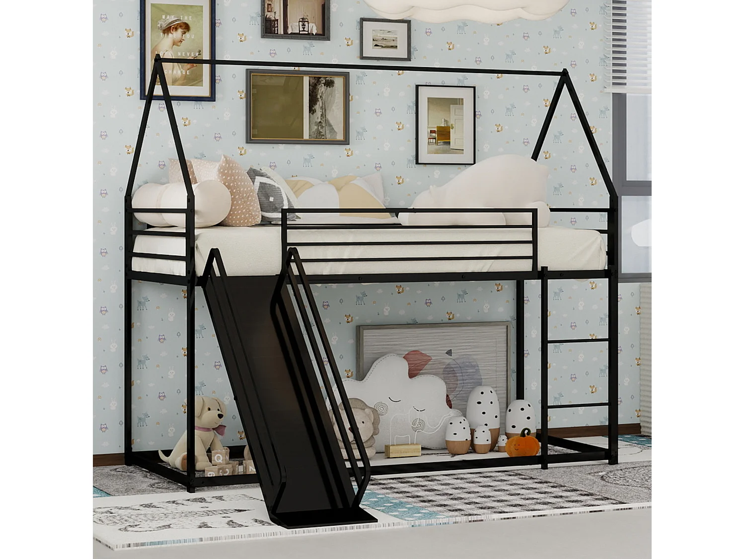 Lit mezzanine 140x190cm métal élégant structure solide montage facile idéal pour deux enfants noir (Sans matelas)