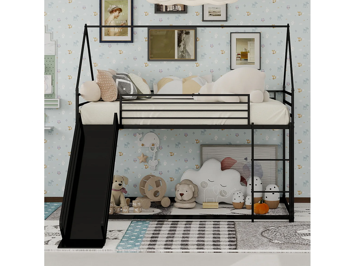 Lit mezzanine 140x190cm métal élégant structure solide montage facile idéal pour deux enfants noir (Sans matelas)