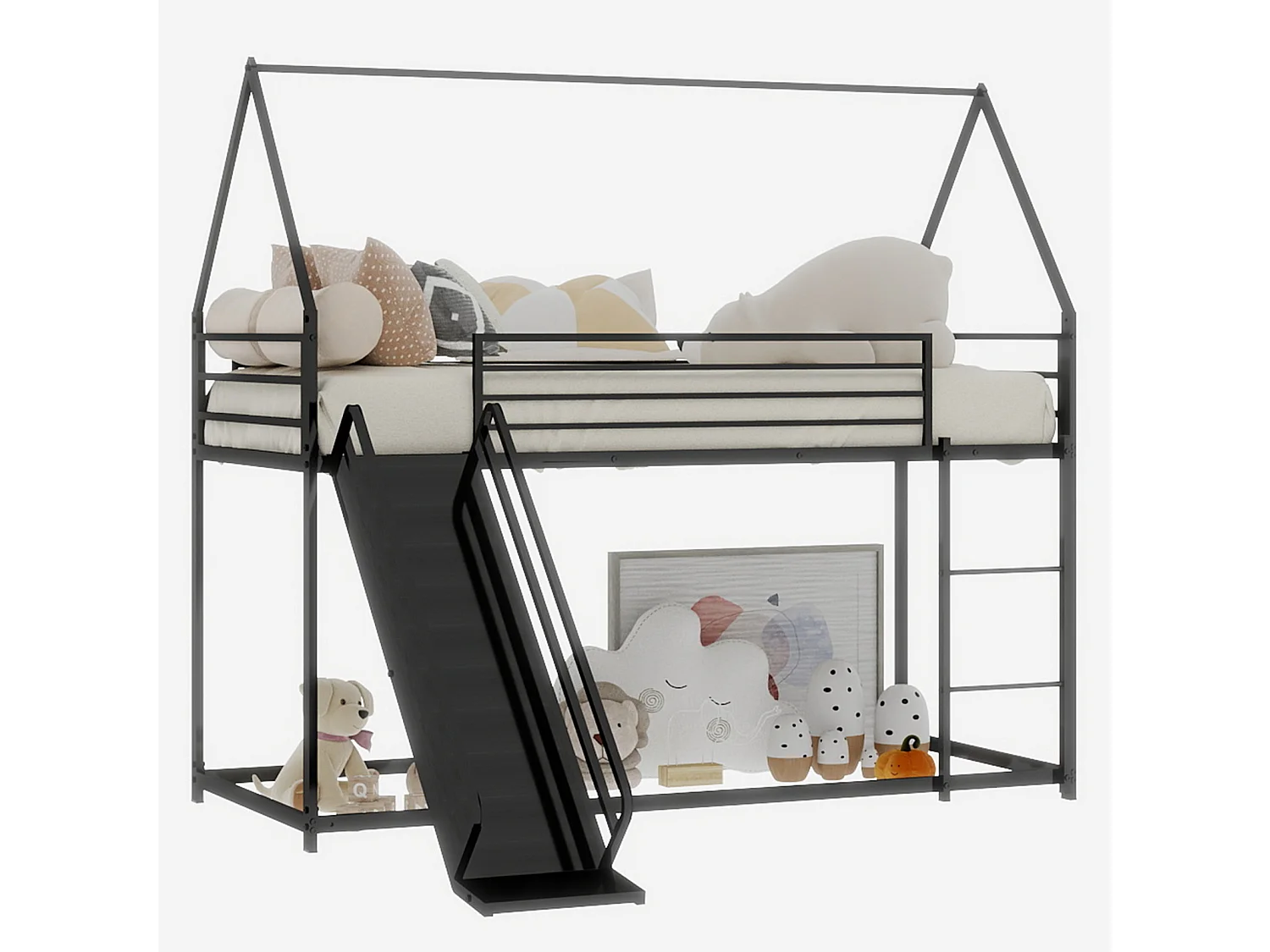 Lit mezzanine 140x190cm métal élégant structure solide montage facile idéal pour deux enfants noir (Sans matelas)