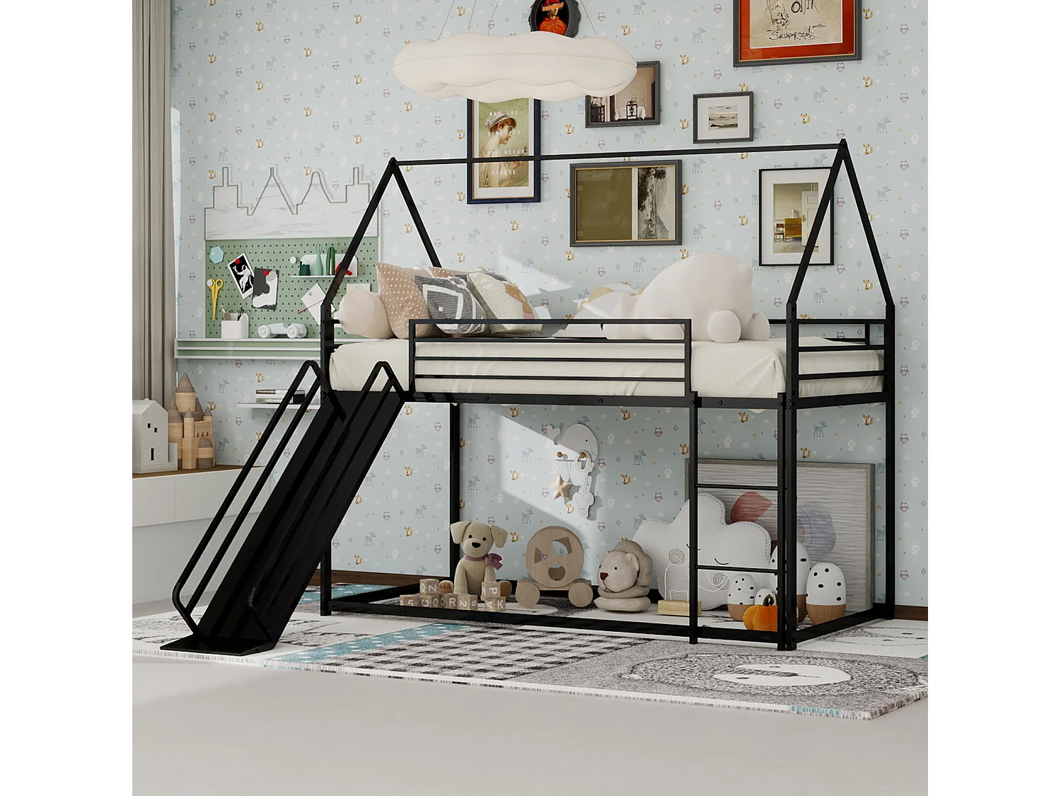 Lit mezzanine 140x190cm métal élégant structure solide montage facile idéal pour deux enfants noir (Sans matelas)